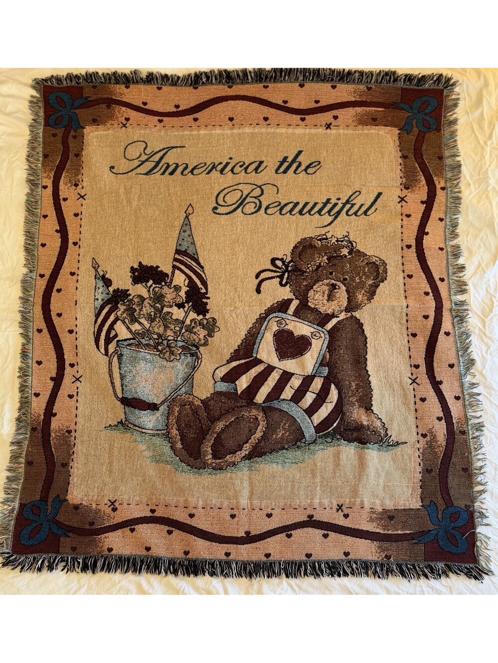 VTG America The Beautiful Tapestry Throw Blanket Patriotic Teddy Bear Heart EUC